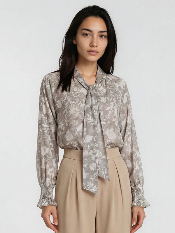 Elara Floral Tie-Neck Blouse in Sandstone Bloom