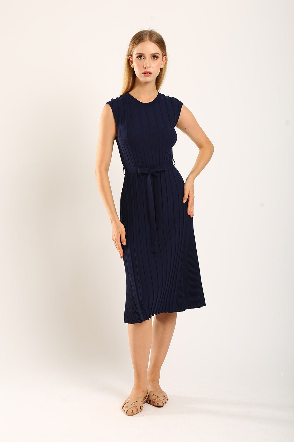 Ciera Texture Belted Knit Dress in Navy Blue - Image 3