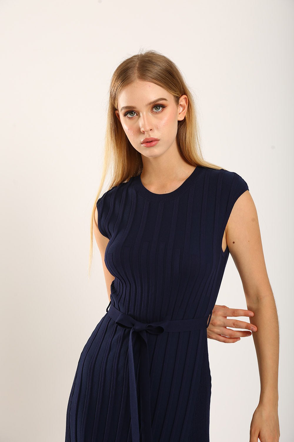 Ciera Texture Belted Knit Dress in Navy Blue - Image 9