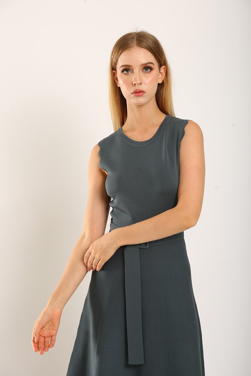 Clabelle Knit Belted Dress in Gun Metal - Image 10