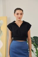 Celia Polo-Collar Top in Black