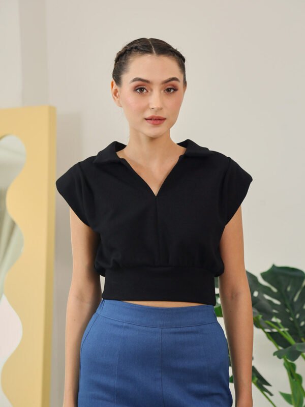 Celia Polo-Collar Top in Black