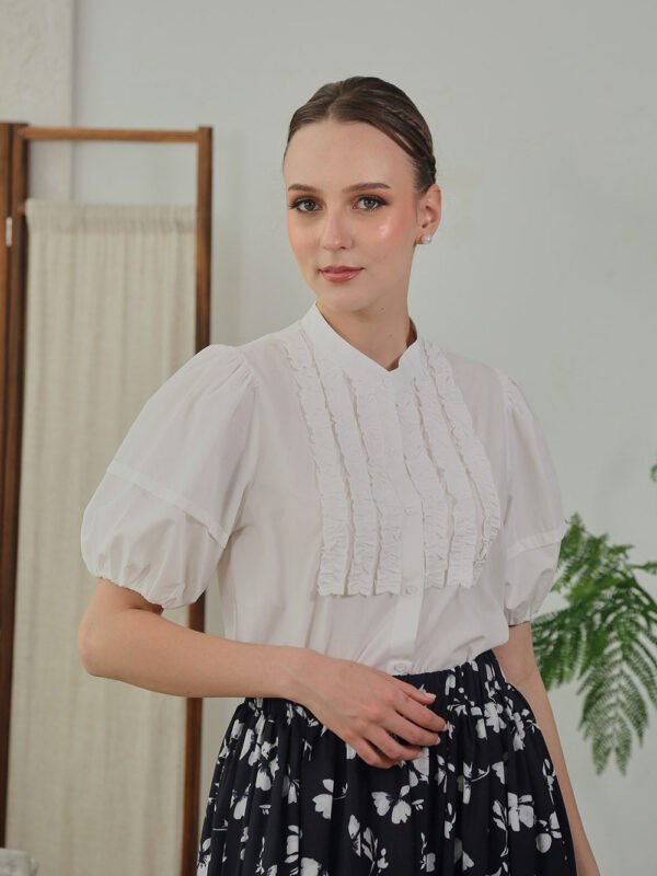 Eloise Ruffle Detail Puff Sleeve Blouse in White