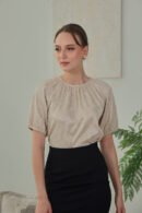 Melina Jacquard Puff Sleeve Top in Soft Sand