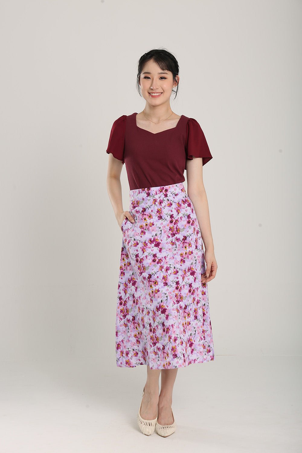 Delania Floral Print Midi Skirt in Lavender Red - Image 4