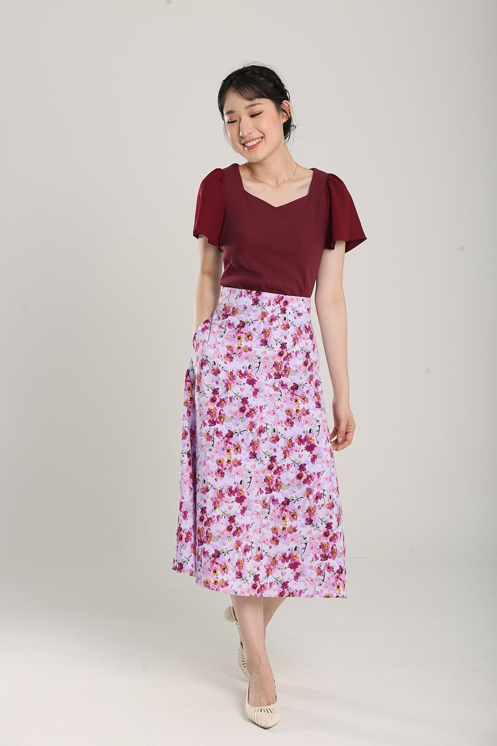 Delania Floral Print Midi Skirt in Lavender Red - Image 5
