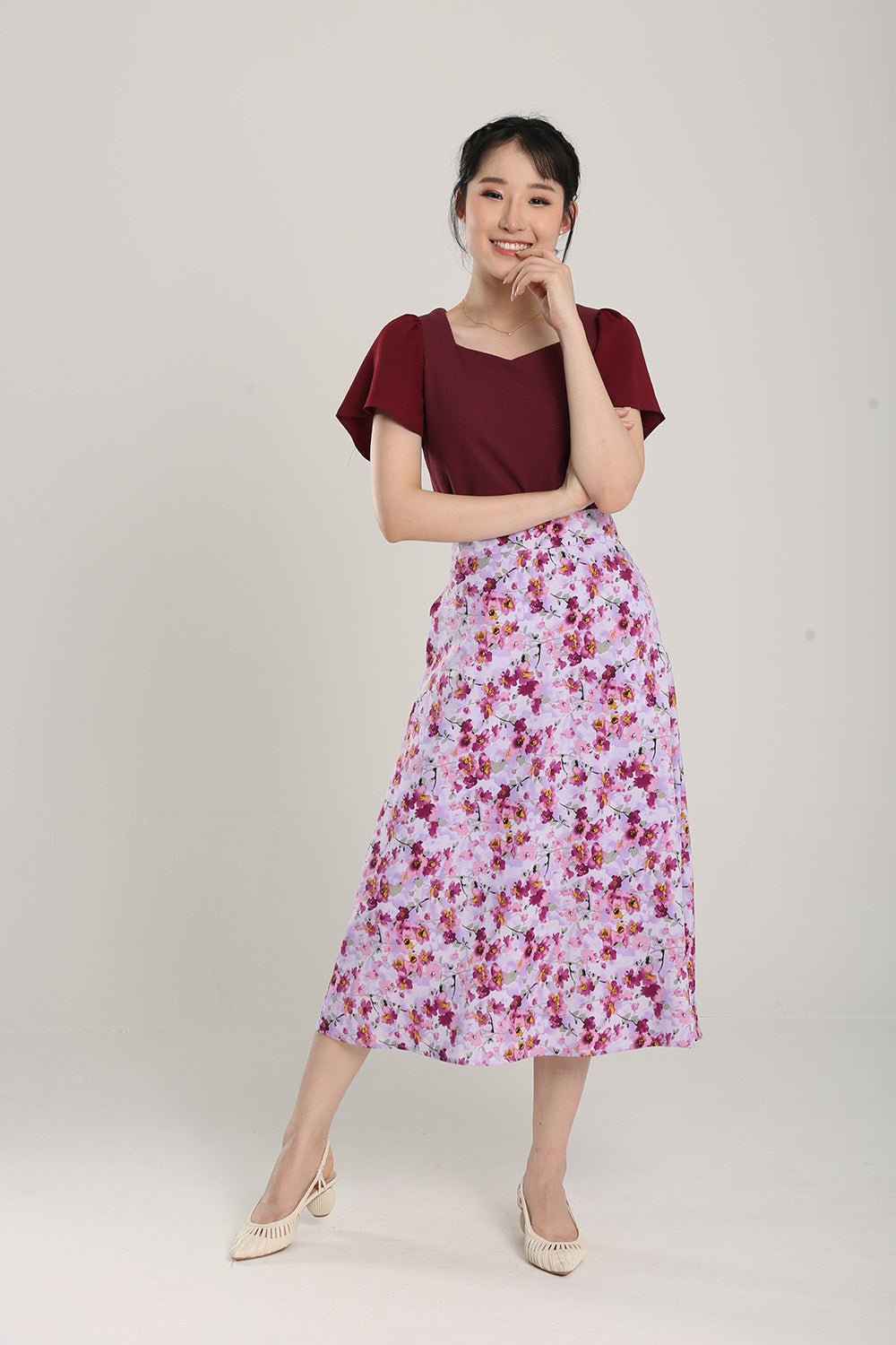 Delania Floral Print Midi Skirt in Lavender Red - Image 6