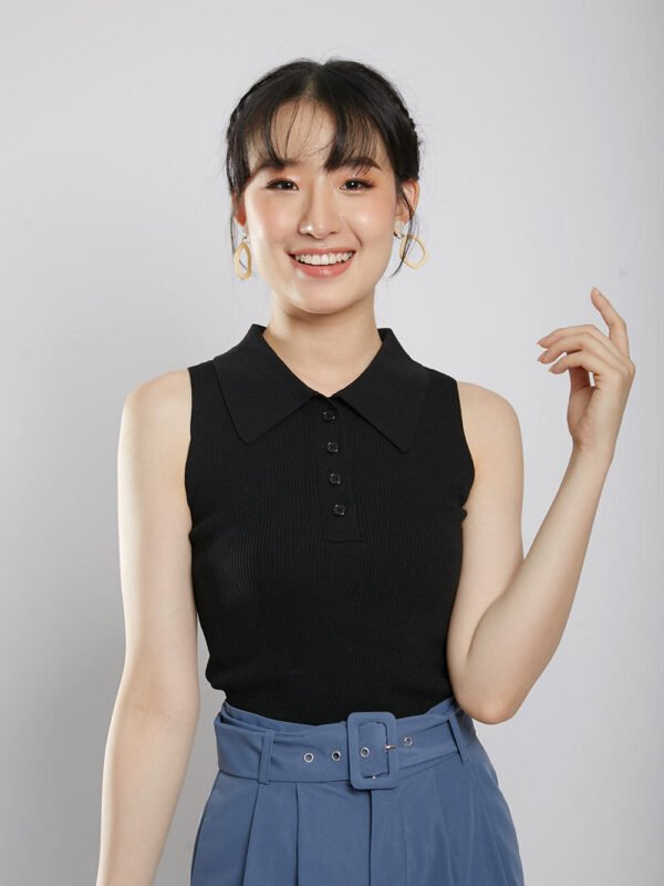 Channa Polo Collar Knit Top in Black