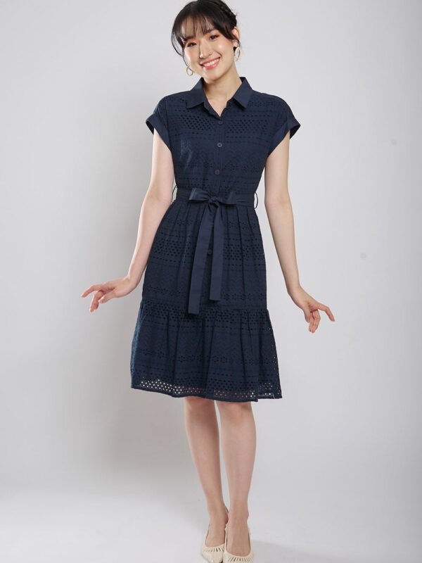 Poleen Midi Dress in Navy Blue Eyelet