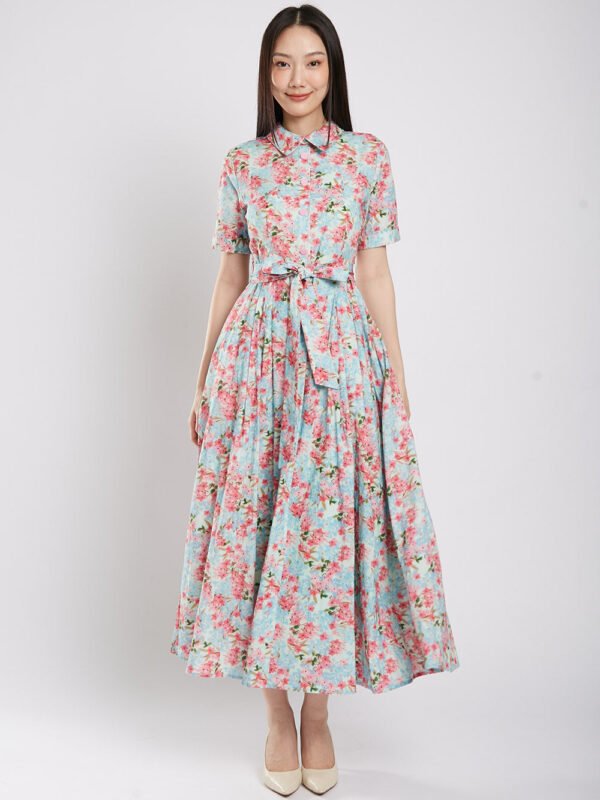 Erinn Collar Maxi Printed Dress in Green Floral
